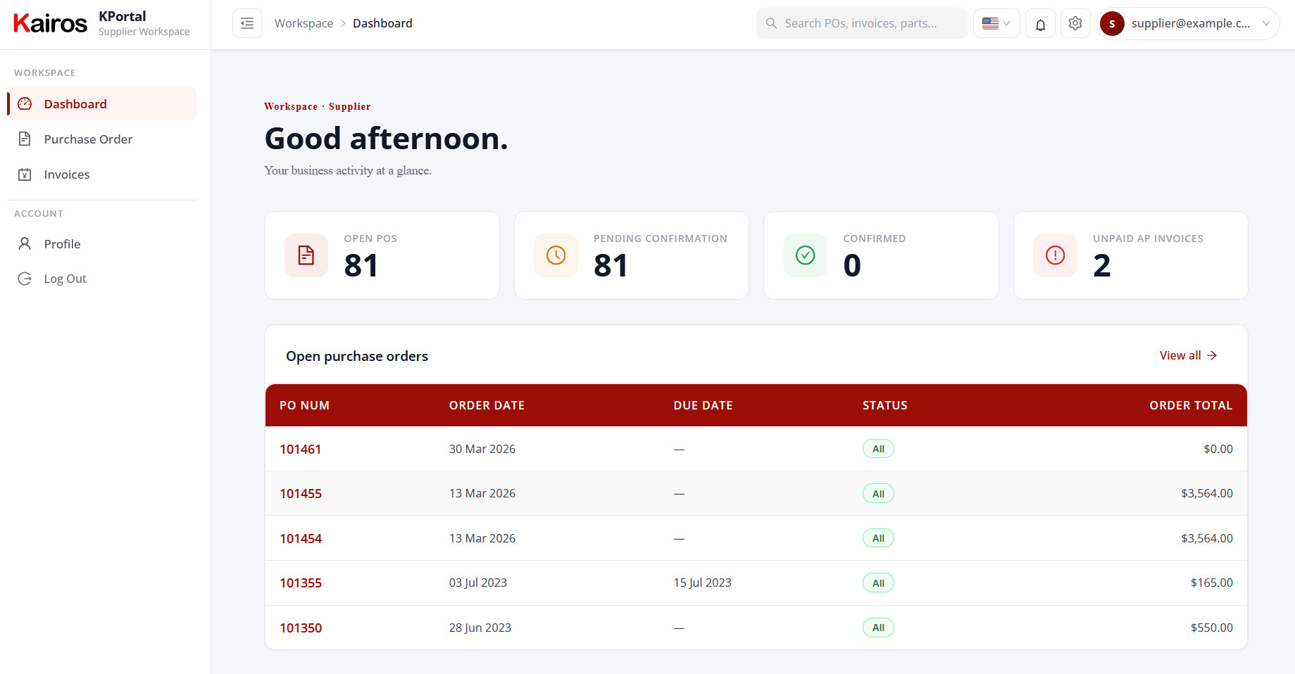Kairos Supplier Portal — web dashboard showing purchase orders and delivery status